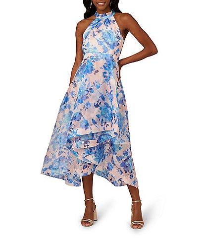 Adrianna Papell Halter Neckline Sleeveless Floral Organza Ruffle Hi Lo Midi Dress