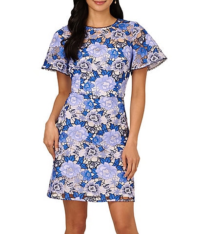 Adrianna Papell Illusion Crew Neck Flutter Sleeve Embroidered Lace Sheath Dress