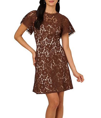 Adrianna Papell Illusion Crew Neck Flutter Sleeve Lace Shift Dress
