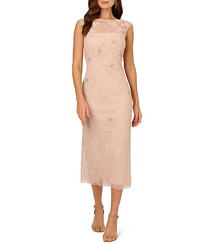 Adrianna Papell Illusion Neck Bead Mesh Column Midi Dress