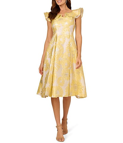 Adrianna Papell Jacquard Floral Print Boat Neck Cap Flutter Sleeve A-Line Midi Dress