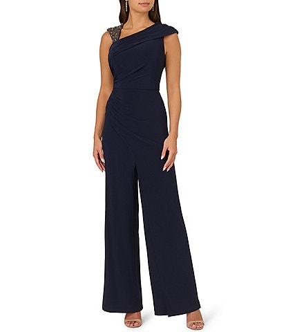 Adrianna Papell Jersey Asymmetrical V-Neck Cap Sleeve Pleated Side Straight Leg Jumpsuit