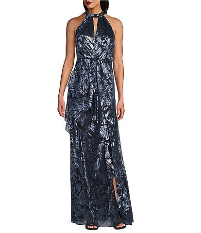 Adrianna Papell Keyhole Halter Neck Sleeveless Floral Print Metallic Crinkle Ruffle Gown