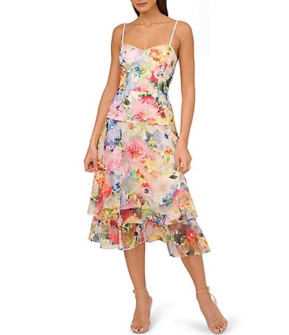Adrianna Papell Knit Floral Embroidered Sweetheart Neck Sleeveless Drop Waist Tiered Midi Dress