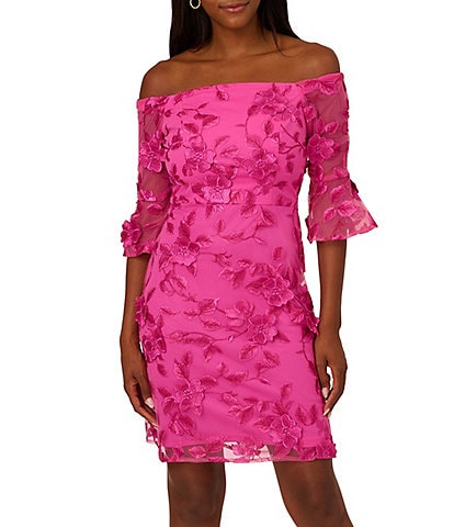 Adrianna Papell Knit Off-The-Shoulder Bell Sleeve Embroidered 3D Floral Sheath Dress