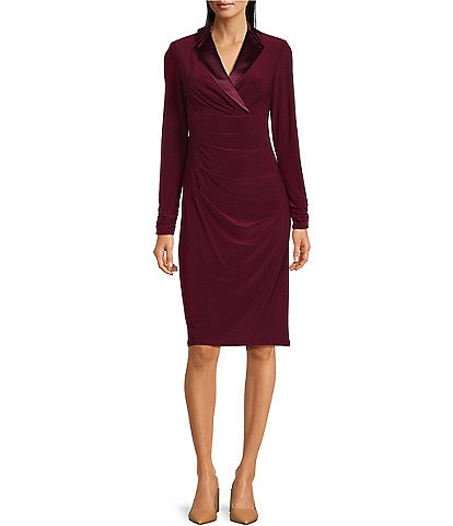 Adrianna Papell Long Sleeve Stretch Satin Lapel Tuxedo Dress