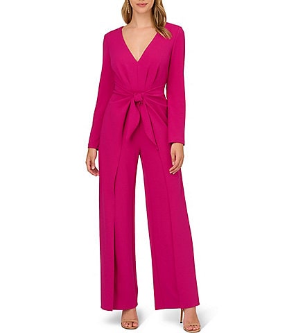Adrianna Papell Long Sleeve V-Neck Tie Front Jumpsuit