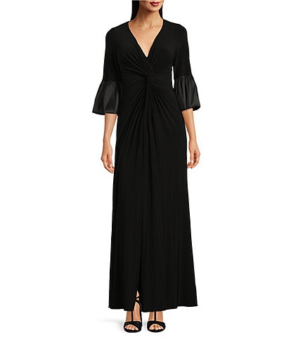 Adrianna Papell Matte Jersey Front Twist V-Neck 3/4 Bell Sleeve Gown