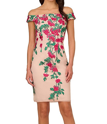 Adrianna Papell Mesh Cascading Floral Embroidery Off-The-Shoulder Sheath Dress