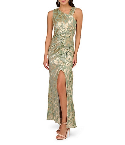 Adrianna Papell Metallic Asymmetrical Neck Sleeveless Gown