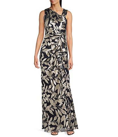 Adrianna Papell Metallic Asymmetrical Neck Sleeveless Gown