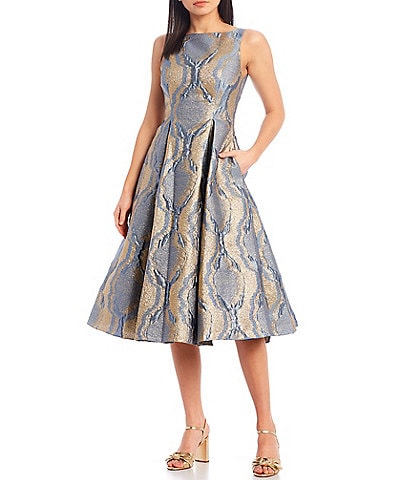 Adrianna Papell Metallic Brocade Boat Neck Sleeveless Pleat Fit and Flare Pocketed Midi Dress