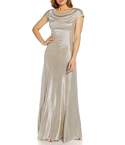 Adrianna Papell Metallic Cowl Neck Draped Back Cap Sleeve A-line Gown