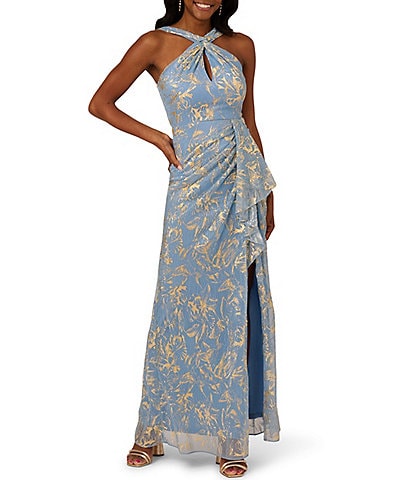 Adrianna Papell Metallic Crinkle Chiffon Halter Front Keyhole Column Gown