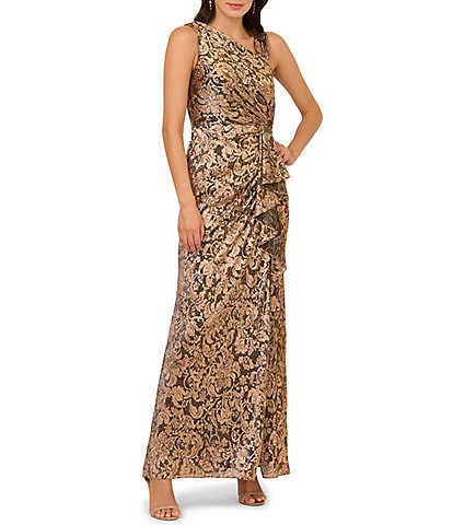 Adrianna Papell Metallic Crinkle Long Dress