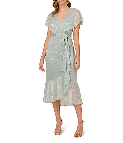Adrianna Papell Metallic Faux Wrap Short Flutter Sleeve Midi Dress