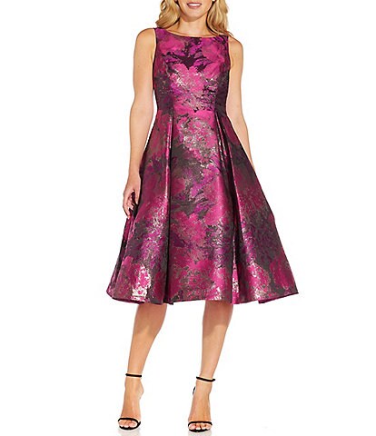 Adrianna Papell Metallic Floral Boat Neck Sleeveless Brocade Fit and Flare Dress