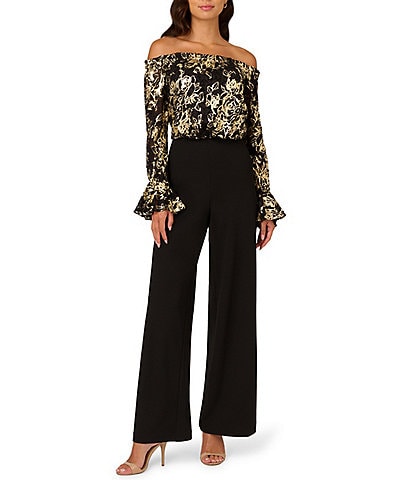 Adrianna Papell Metallic Floral Lace Off-the-Shoulder Long Sleeve Straight Leg Jumpsuit