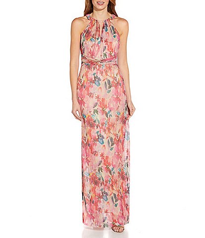 Adrianna Papell Metallic Floral Print Pleated Halter Neck Gown