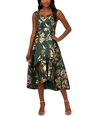 Adrianna Papell Metallic Jacquard Sweetheart Neck Cap Sleeve High-Low Hem Fit and Flare Dress