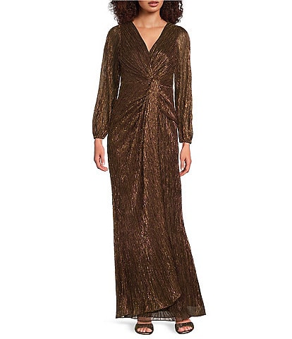 Adrianna Papell Metallic Long Sleeve Surplice V-Neck Ruched Detailed Draped Gown