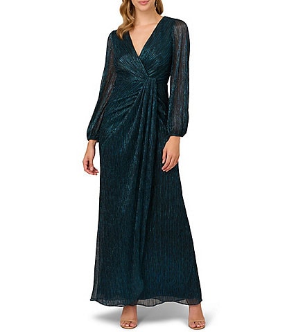 Adrianna Papell Metallic Long Sleeve Surplice V-Neck Ruched Detailed Draped Gown