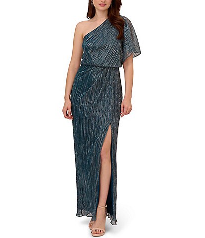 Adrianna Papell Metallic One Shoulder Mesh Gown