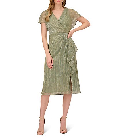 Adrianna Papell Metallic V-Neck Short Sleeve Cascading Ruffle Dress