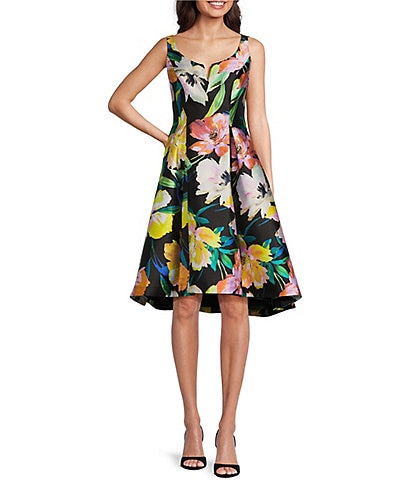 Adrianna Papell Mikado Floral Print Notch Scoop Neck Sleeveless High-Low Hem Fit and Flare Dress