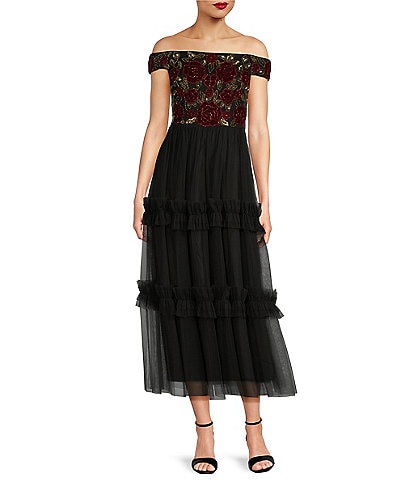 Adrianna Papell Mix Media Beaded Off-The-Shoulder Cap Sleeve Tuille Hem A-Line Midi Dress