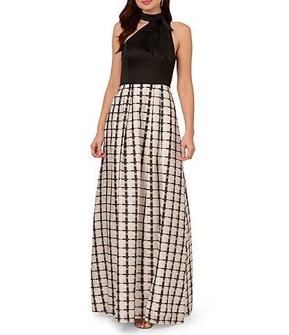 Adrianna Papell Mixed Media Plaid Halter Neck Sleeveless A-Line Gown