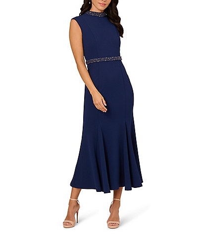 Adrianna Papell Mock Neck Pearl Trim Sleeveless Crepe Sheath Godet Hem Midi Dress