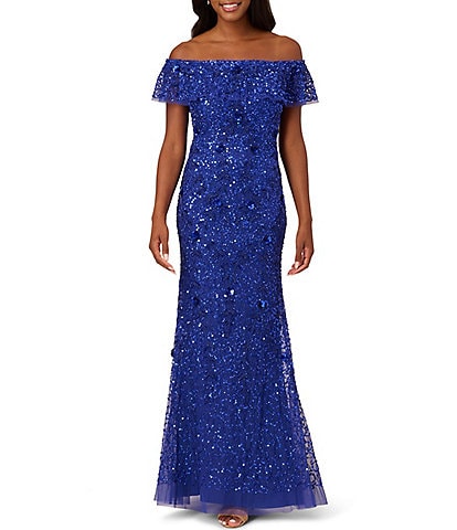 Adrianna Papell Off-the-Shoulder Beaded Dress