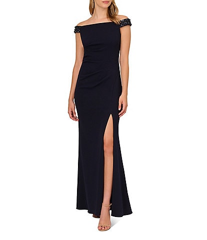 Adrianna Papell Off-the-Shoulder Beaded Knit Crepe Gown