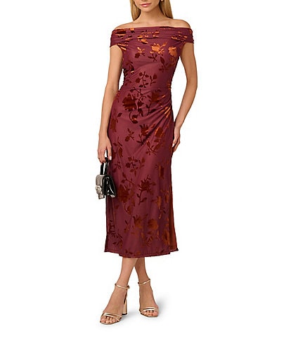 Adrianna Papell Off-The-Shoulder Burnout Velvet Midi Dress
