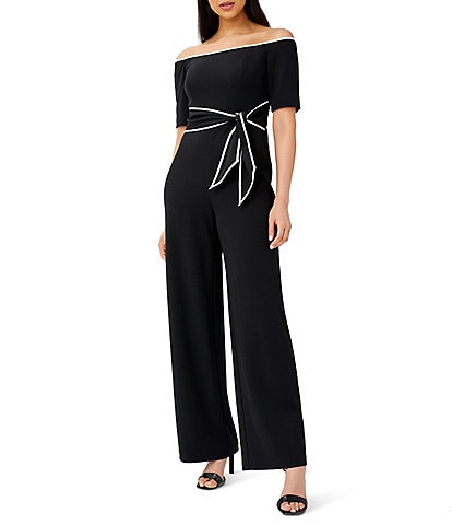 Adrianna Papell Off-the-Shoulder Short Elbow Sleeve Contrast Piping Stretch Crepe Twist Tie Waist Straight Leg Jumpsuit