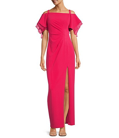 Adrianna Papell Off-the-Shoulder Short Asymmetrical Tiered Sleeves Gown