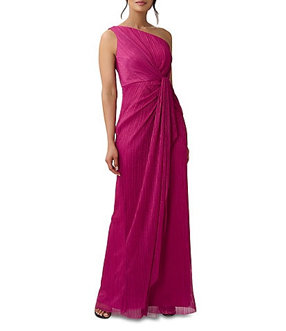 Adrianna Papell One Shoulder Metallic Knit Sleeveless Front Ruched Gown