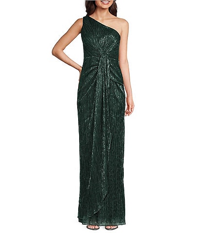 Adrianna Papell One Shoulder Metallic Knit Sleeveless Front Ruched Gown