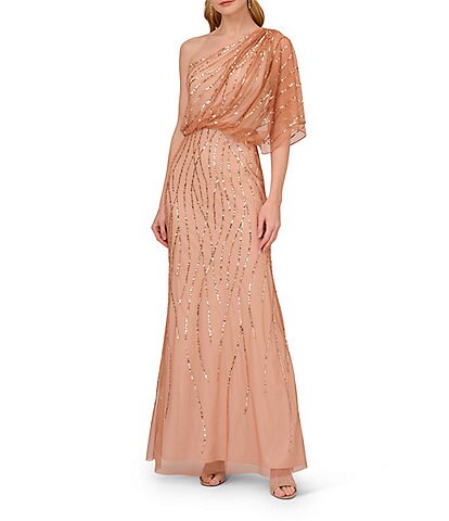 Adrianna Papell Sequin One Shoulder Illusion Sleeve Gown