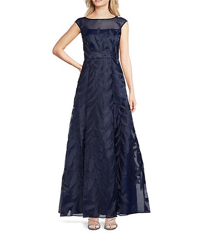 Adrianna Papell Organza Applique Boat Neck Cap Sleeve A-Line Gown