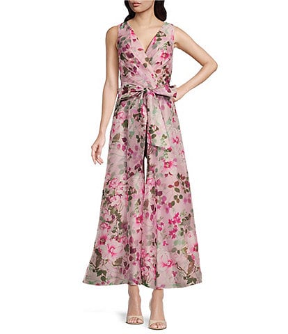 Adrianna Papell Organza Floral Print Surplice V-Neck Sleeveless Tie Front Wide Leg Jumpsuit