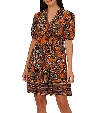 Adrianna by Adrianna Papell Paisley Print Split V-Neck Short Puff Sleeve Ruffle Trim Button Front Mini Dress