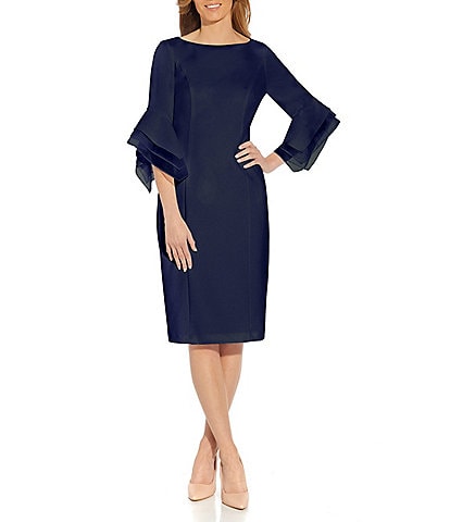 Adrianna Papell Petite Size 3/4 Bell Sleeve Boat Neck Stretch Crepe Knit Sheath Dress