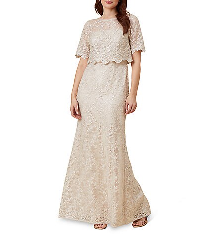 Adrianna Papell Petite Size Boat Neck Short Sleeve Lace Popover Long Gown
