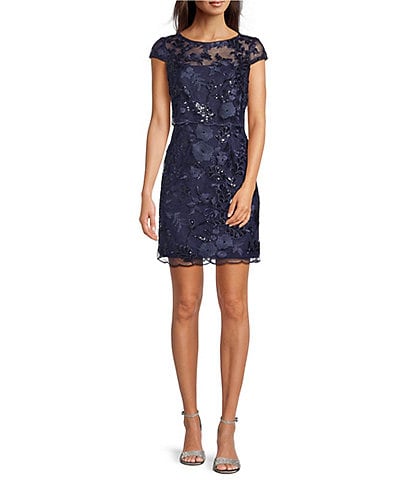 Adrianna Papell Petite Size Cap Sleeve Boat Neck Embroidered Sequin Popover Sheath Dress