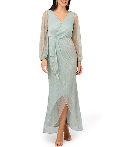Adrianna Papell Petite Size Crinkle Mesh Long Sleeve Surplice V-Neck Cascade Ruffle High-Low Metallic Knit Gown
