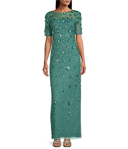 Adrianna Papell Petite Size Floral Beaded Mesh Boat Neck Elbow Sleeve Long Gown