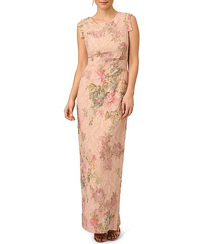 Adrianna Papell Petite Size Floral Lace Cap Sleeve Column Gown