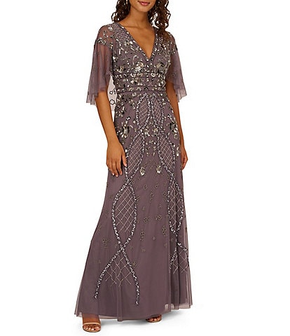 Adrianna Papell Petite Size Flutter Sleeve V-Neck Beaded Gown